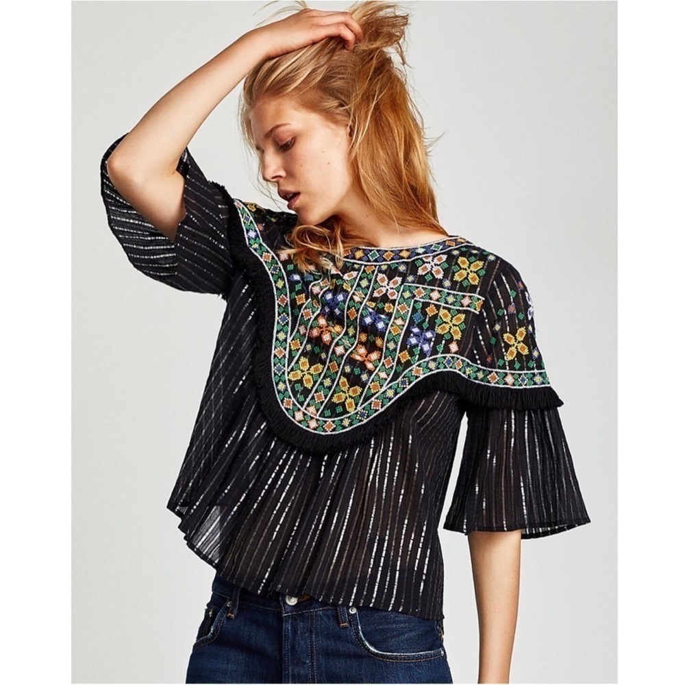ZARA Metallic Stripe Black Bell Sleeve Fringe Trim Folk Style Embroidered Top XS